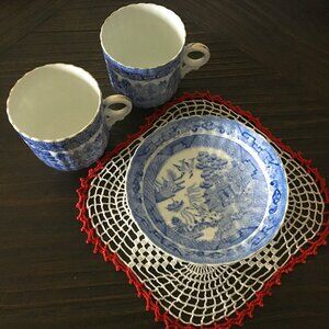 Royal Sutherland England Two Delft Blue Porcelain Cups and Biscuit Plate